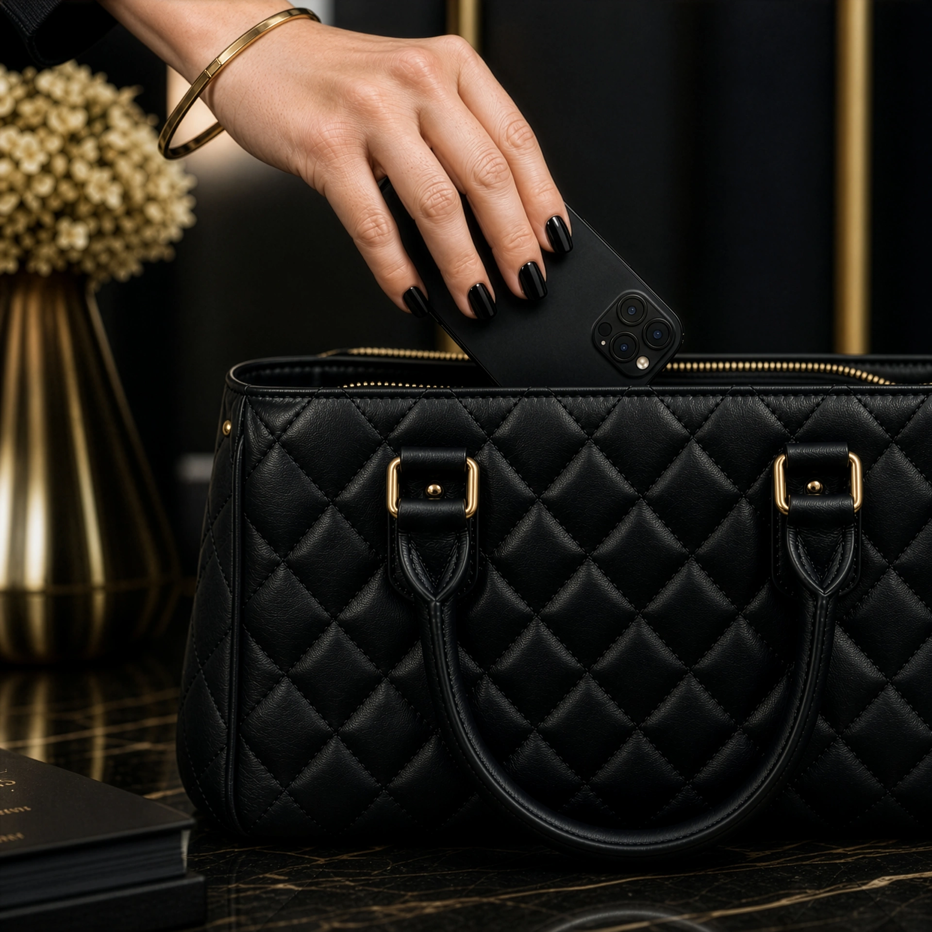 Un téléphone près d’un sac en cuir abritant une micropuce Odoardo Soul™